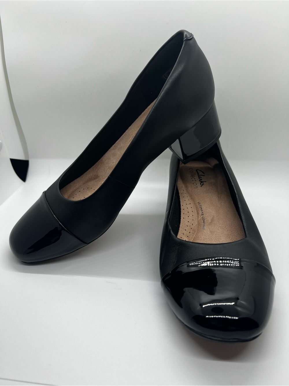 Clarks Black Patent Toe Low Block Heel Pumps